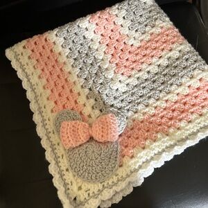Handmade Crochet Baby Blanket with Bow - Pink, Gray, and White